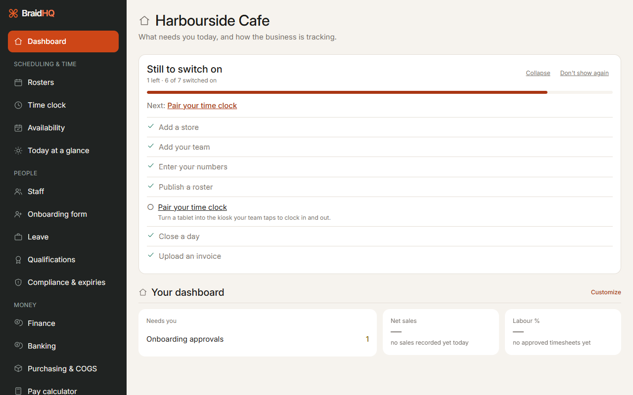 The BraidHQ operator dashboard as it looked on 26 September 2026, over demo data